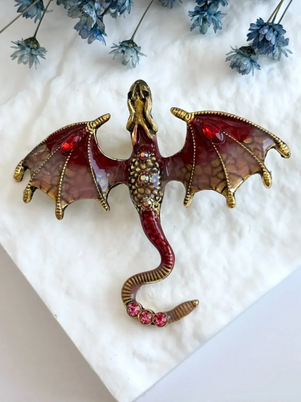 Flying Dragon Figural Red Winged Enameled Rhinestone Ornate Textured Brooch Pin